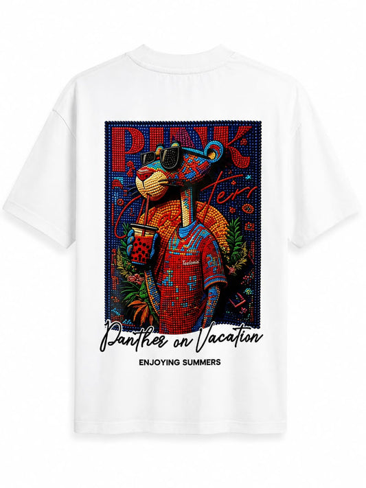 T-Shirt Oversize Blanc « Pink Panther On Vacation »