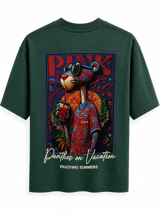 T-Shirt Oversize Vert Forêt « Pink Panther On Vacation »
