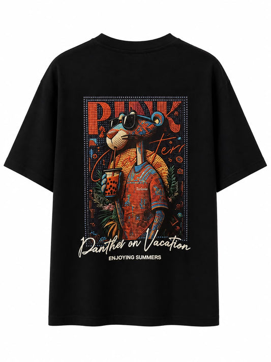 T-Shirt Oversize Noir « Pink Panther On Vacation »