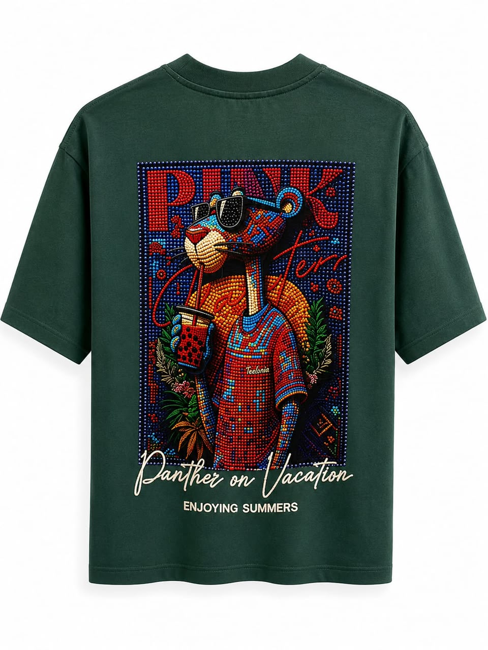 T-Shirt Oversize Vert Forêt « Pink Panther On Vacation »