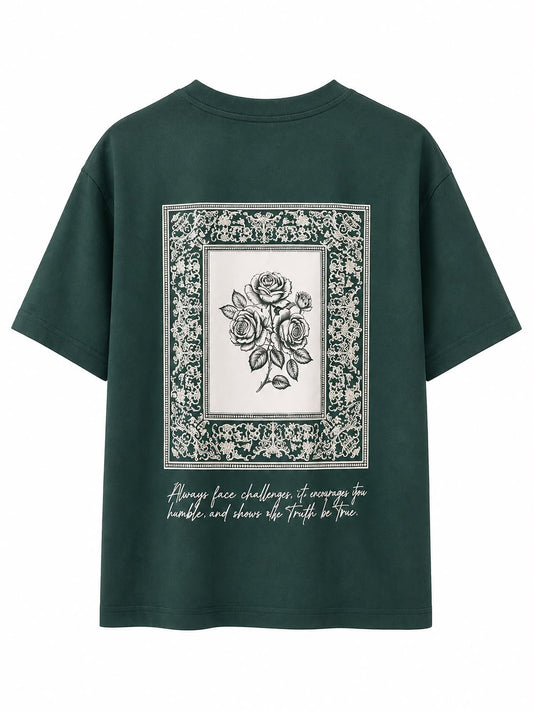 T-Shirt Oversize Vert Foncé « Thyself Be True » – Floral Vintage