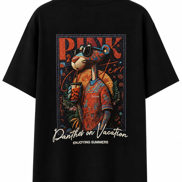 T-Shirt Oversize Noir « Pink Panther On Vacation »